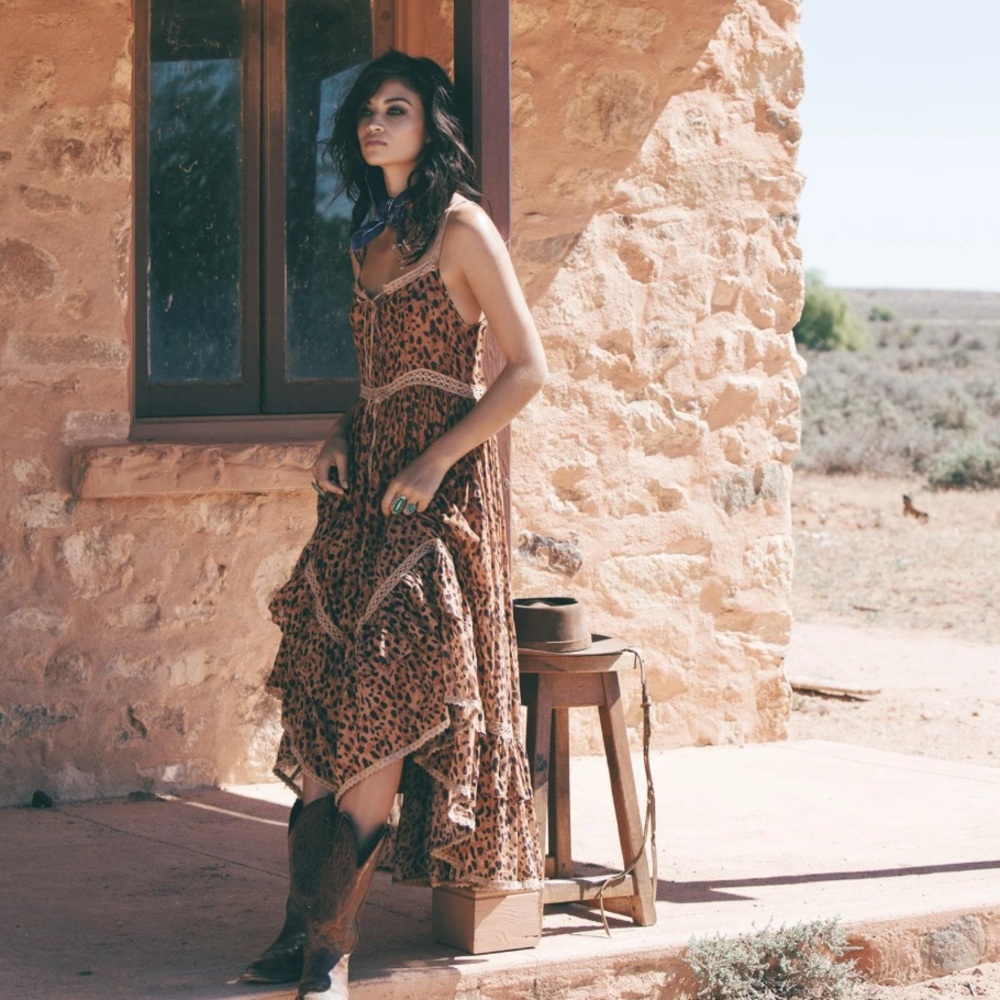 Spell Brown Leopard-Print Tiered Maxi Dress